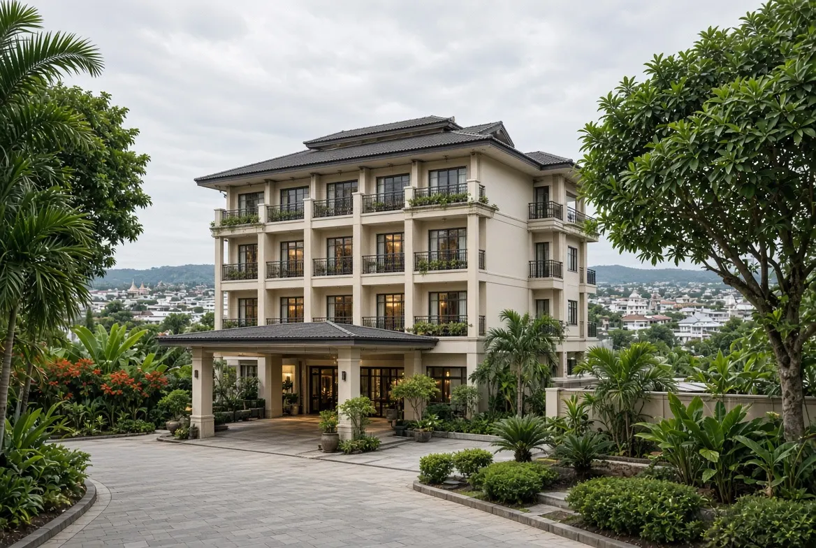A white low-rise condo building with a palm-lined driveway and tropical gardens