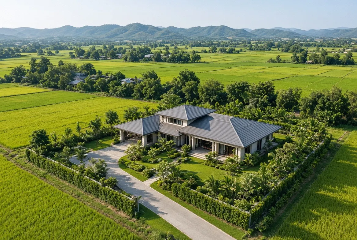 Aerial view of a modern single-story home surrounded by green rice fields and hills